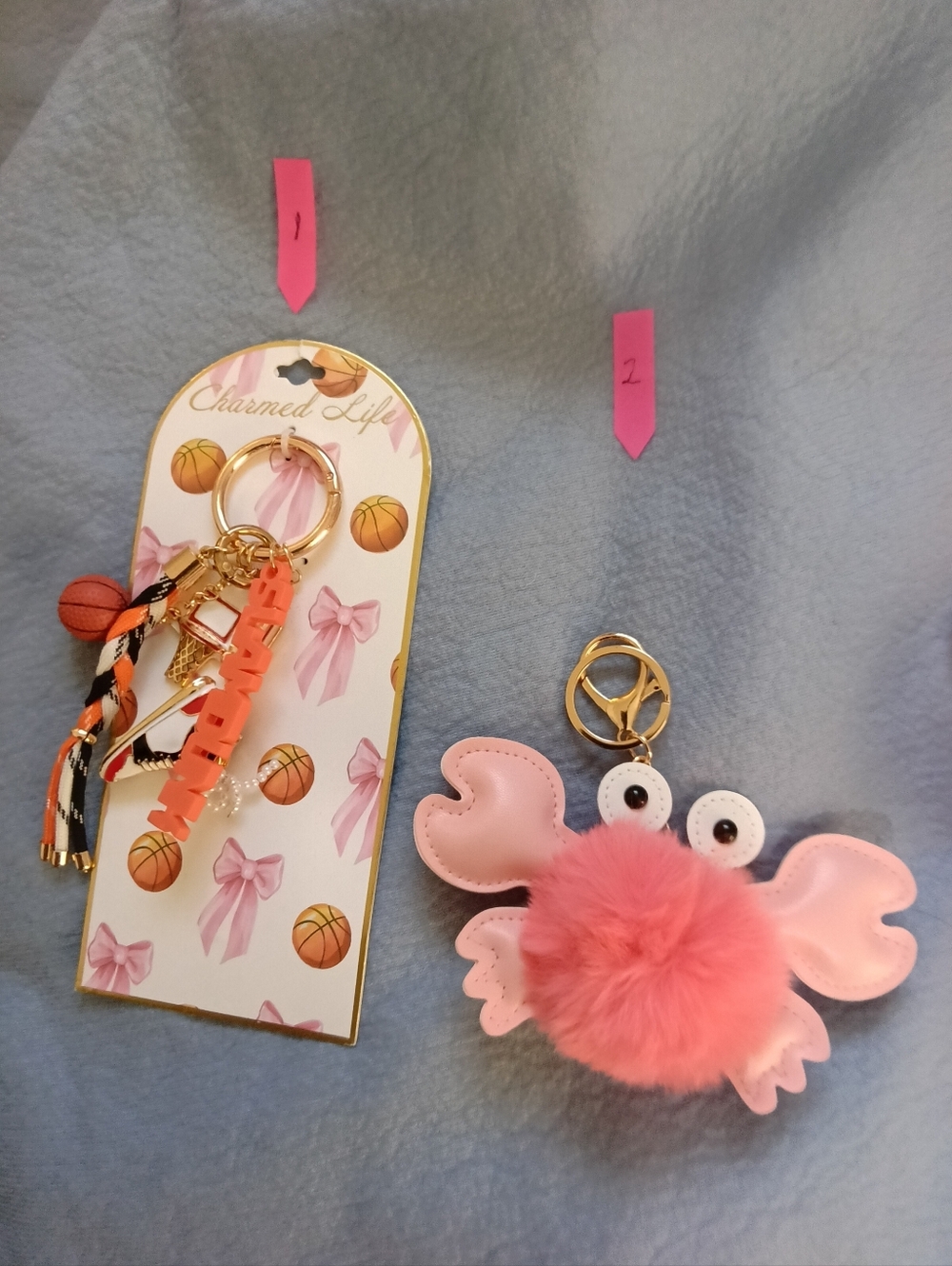 Basketball Accessories ,Fuzzy Crab, Fox &  Large Grey Fuzzy Ball Keychain/Charm - Picture 2 of 3